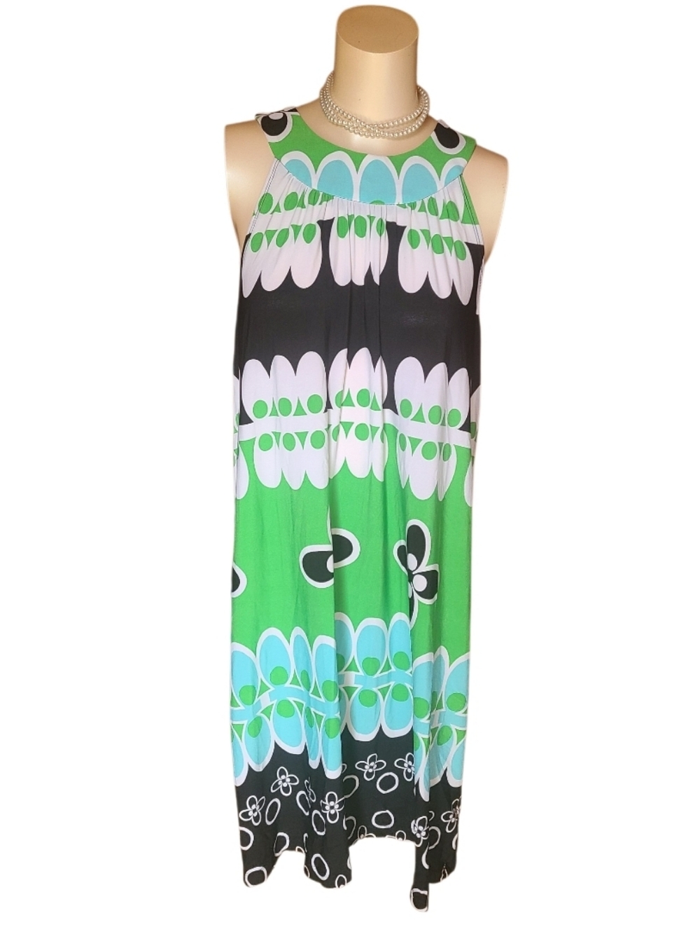 AB Studio Mod Geometric Floral Sleeveless Shift Dress XL Green Blue Black White